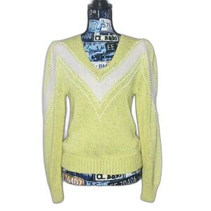 Vtg NANNELL Angora‎ V-Neck Sweater Bead Embellished Puff Sleeve Butter Yellow M